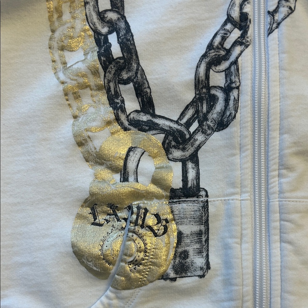 White Zip Hoodie with Black Chain Print & Gold Accent - Picture 3 of 5